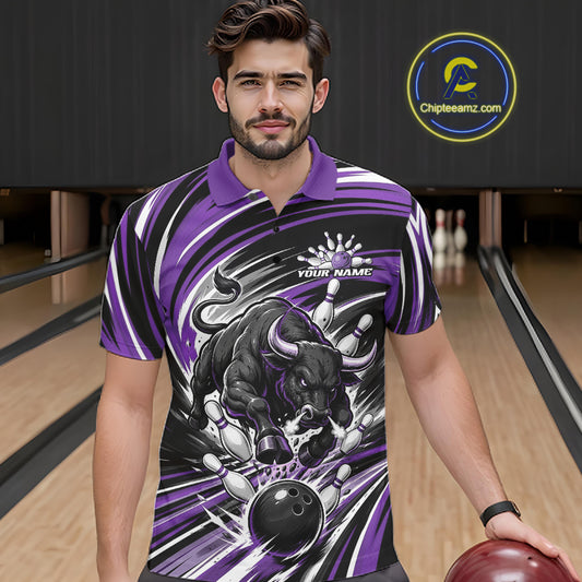 Custom Black And Purple Angry Bull Bowling Jerseys, Bowling Team League Men Polo Shirt IPHW11822