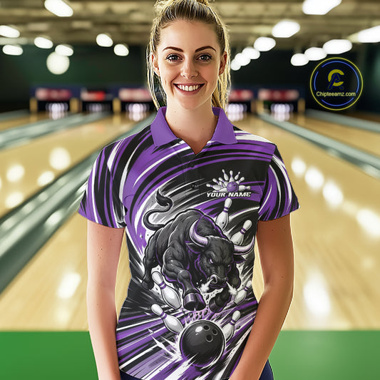 Custom Black And Purple Angry Bull Bowling Jerseys, Bowling Team League Women Polo Shirt IPHW11822