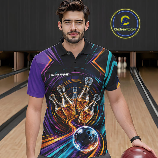 Custom Colorful Wine Bowling Men Polo Shirts, Wine Lovers Bowling Team Jersey IPHW11829