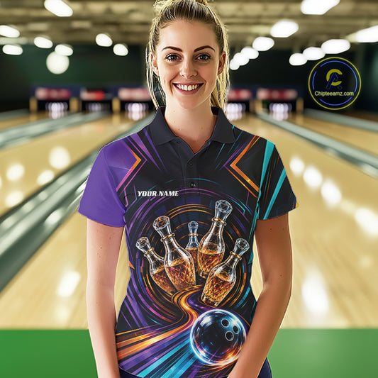 Custom Colorful Wine Bowling Women Polo Shirts, Wine Lovers Bowling Team Jersey IPHW11829
