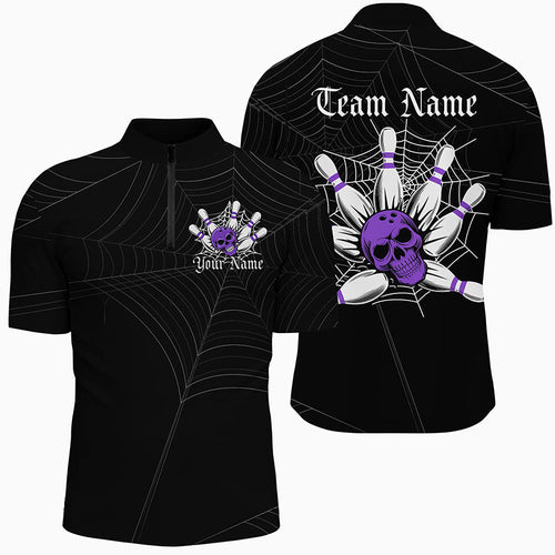 Halloween Coweb Spider Nets Custom Bowling Shirts For Men, Bowling Team Halloween Outfit | Purple IPHW7376