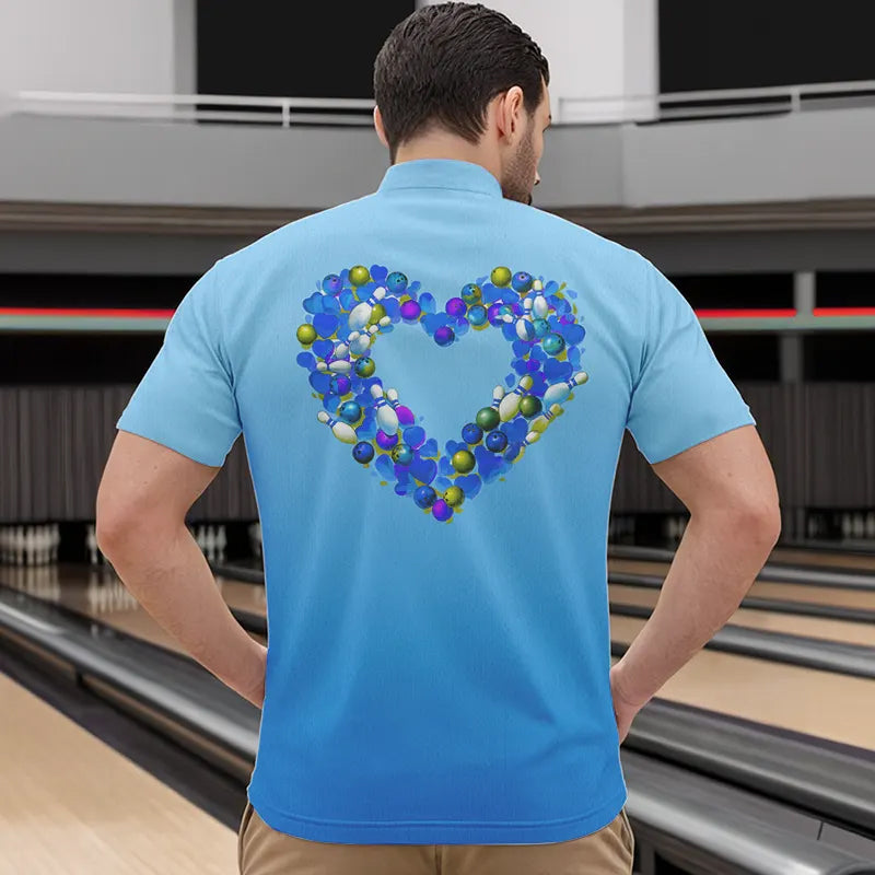 Blue Bowling Heart Custom Valentines Bowling Quarter-Zip Shirts For Men, Bowling Couple Shirt IPHW8339