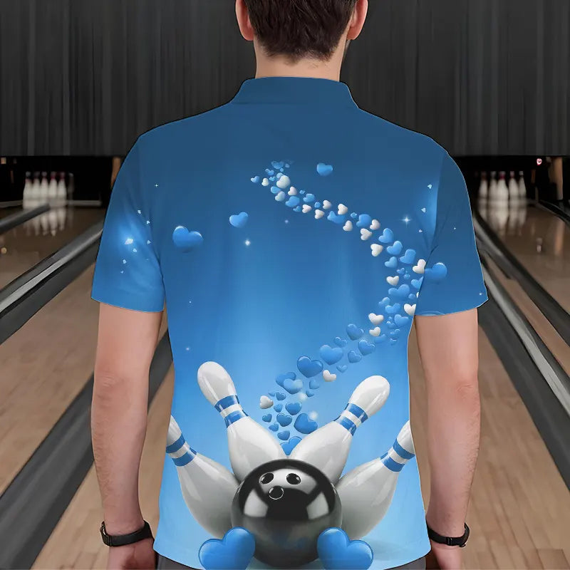 Blue Heart Theme Custom Valentines Bowling Polo Shirts For Men, Couple Bowling Shirt IPHW8345