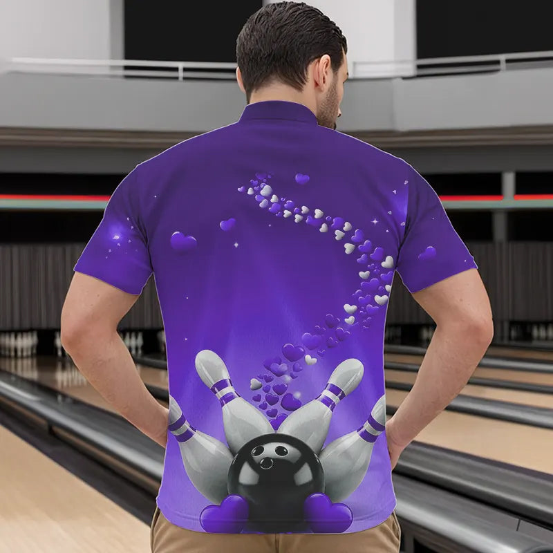 Purple Heart Theme Custom Valentines Bowling Quarter-Zip Shirts For Men, Couple Bowling Shirt IPHW8346