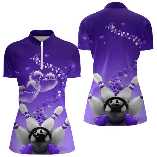 Purple Heart Theme Custom Valentines Bowling Womens Quarter-Zip Shirt, Couple Bowling Shirt IPHW8346