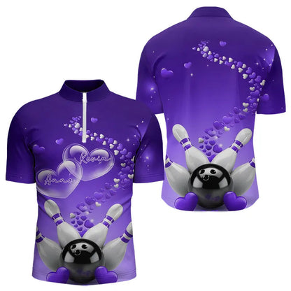 Purple Heart Theme Custom Valentines Bowling Quarter-Zip Shirts For Men, Couple Bowling Shirt IPHW8346
