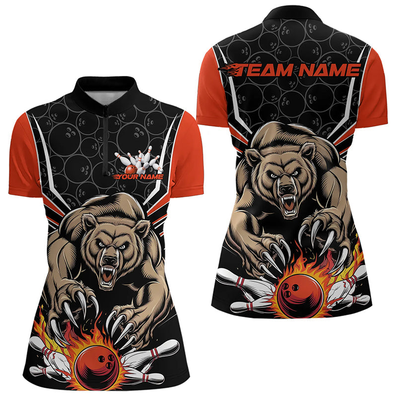 Black And Orange Custom Bear Bowling Jersey, Bear Bowling Team Quarter-Zip Shirts For Women IPHW8830