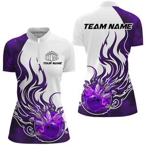 Custom Purple Flame Bowling Shirts For Women, Galaxy Bowling Team Shirts Bowling Uniform IPHW7086