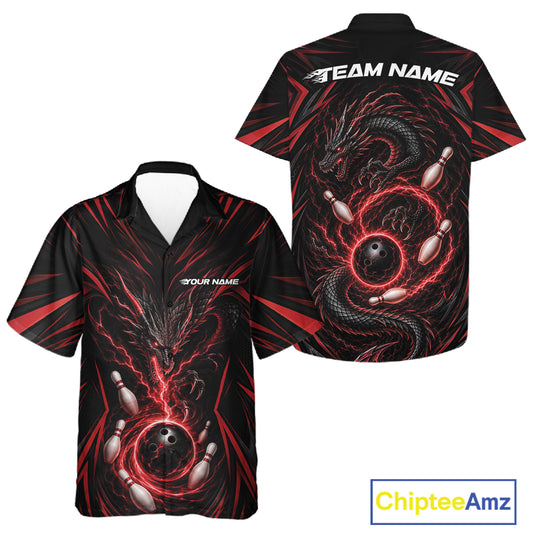 Front and back views of a black short-sleeve bowling button up shirt with red lightning effects, a black dragon, bowling pins, and a bowling ball. 