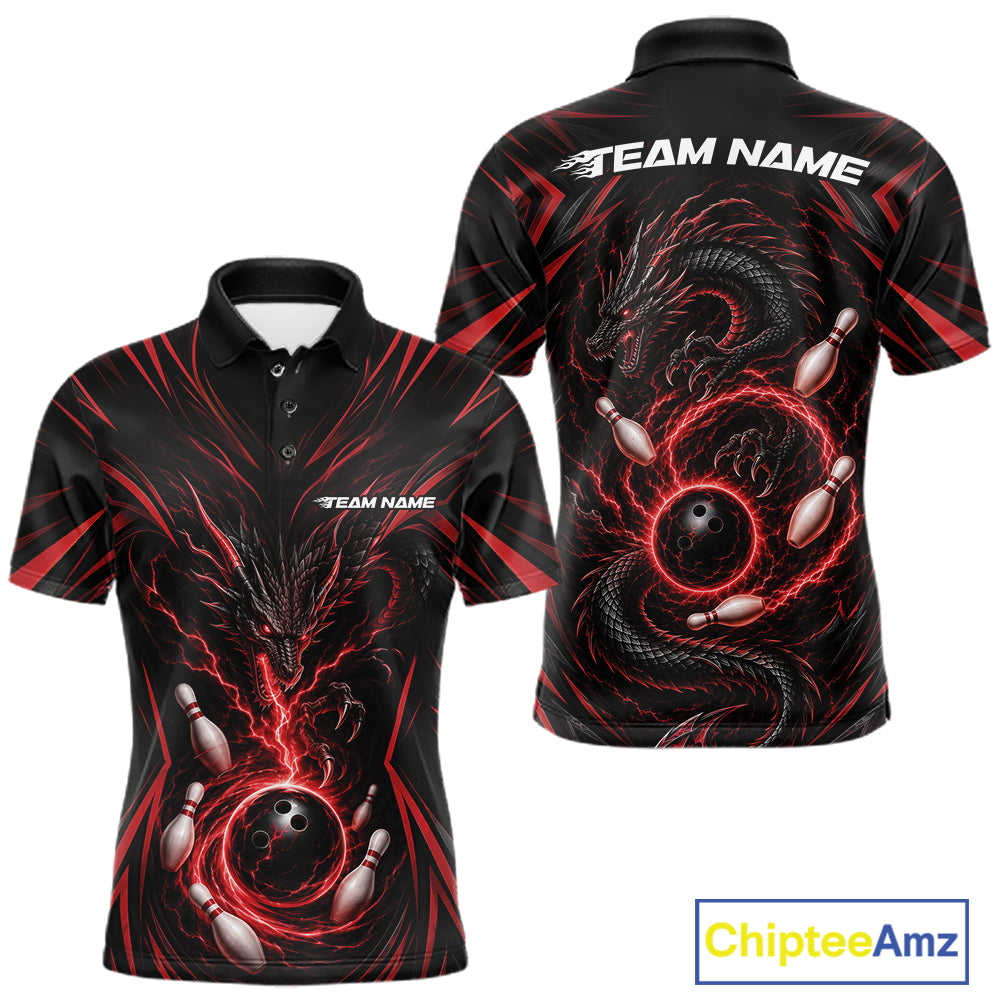 Custom Black And Red Lightning Dragon Bowling Team Men Polo Shirt, Bowling League Shirt IPHW11838