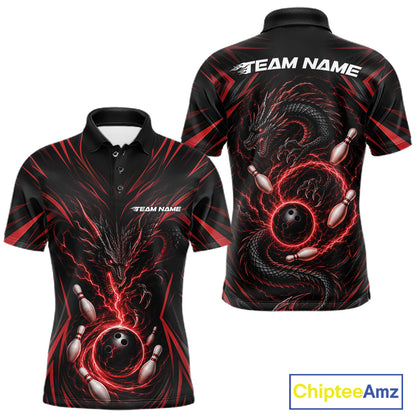 Custom Black And Red Lightning Dragon Bowling Team Men Polo Shirt, Bowling League Shirt IPHW11838