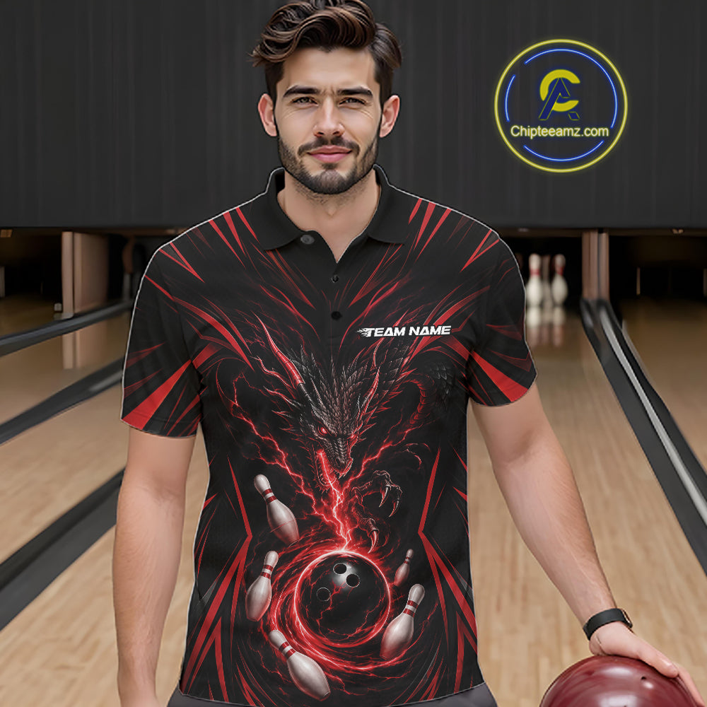 Custom Black And Red Lightning Dragon Bowling Team Men Polo Shirt, Bowling League Shirt IPHW11838