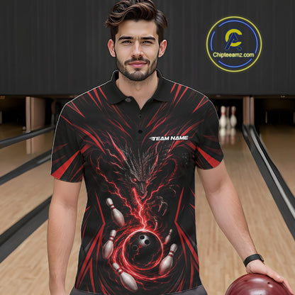 Custom Black And Red Lightning Dragon Bowling Team Men Polo Shirt, Bowling League Shirt IPHW11838
