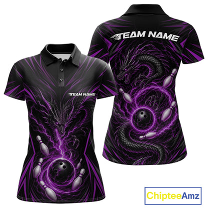 Front and back views of a women's short-sleeve polo shirt featuring a black and purple dragon design with bowling balls and pins, on a white background with a ChipteeAmz logo in the bottom right corner.