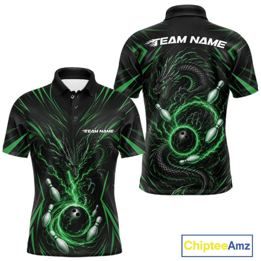 Front and back views of a black short-sleeve polo shirt with a green and black dragon design, bowling balls, and bowling pins, featuring 'TEAM NAME' text on the chest and collar. A 'ChipteeAmz' logo is visible in the bottom right corner.