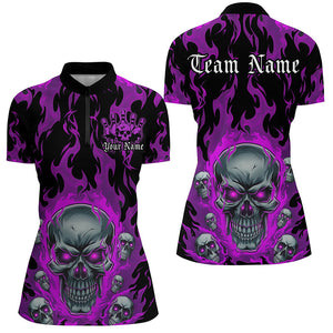 Custom Purple Flame Skull Bowling Shirts For Women, Halloween Bowling Team Outfits Uniform IPHW7385