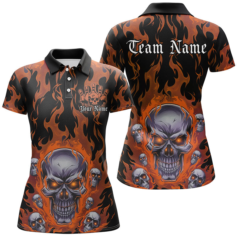 Custom Orange Flame Skull Bowling Shirts For Women, Halloween Bowling Team Outfits Uniform IPHW7386