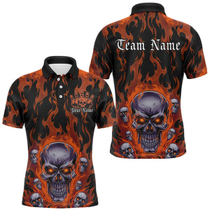 Custom Orange Flame Skull Bowling Shirts For Men, Halloween Bowling Team Outfits Uniform IPHW7386