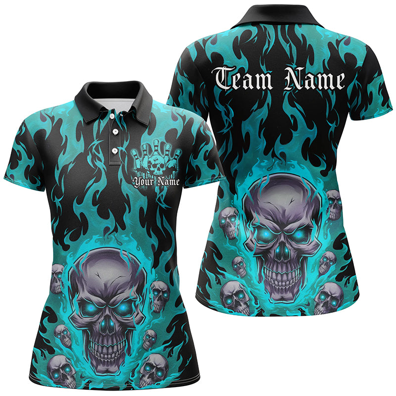 Custom Blue Flame Skull Bowling Shirts For Women, Halloween Bowling Team Outfits Uniform IPHW7387