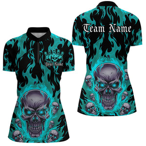 Custom Blue Flame Skull Bowling Shirts For Women, Halloween Bowling Team Outfits Uniform IPHW7387