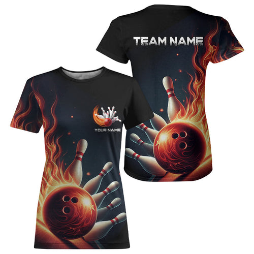 Personalized Red Flame Bowling T-Shirts For Women, Bowling Team Jerseys Strike Bowling IPHW5405