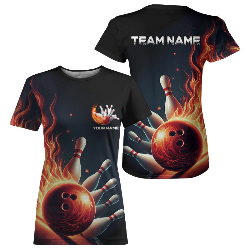 Personalized Red Flame Bowling T-Shirts For Women, Bowling Team Jerseys Strike Bowling IPHW5405