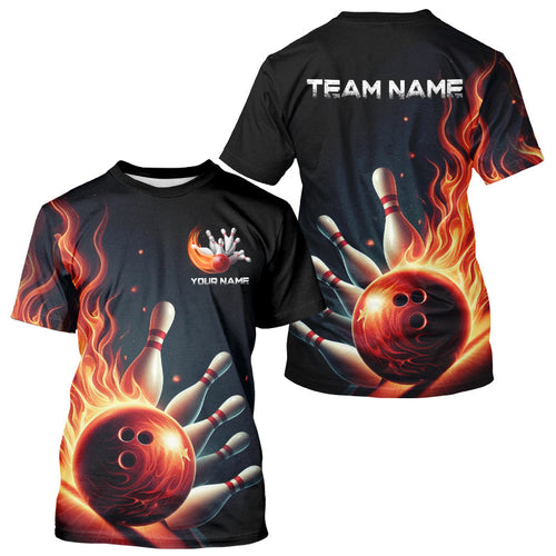 Personalized Red Flame Bowling T-Shirts For Men, Bowling Team Jerseys Strike Bowling IPHW5405