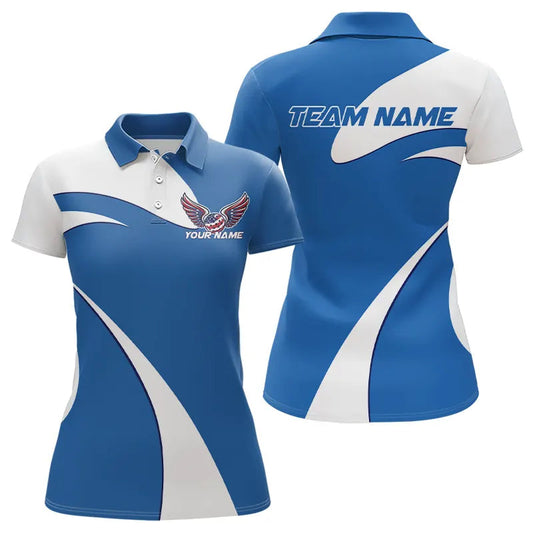 Custom US Flag Picklebal Wings Blue Polo Shirts For Women, Patriot Pickleball Team Shirt IPHW8118