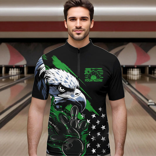 Black And Green American Flag Eagle Custom Patriotic Flame Bowling Team Men Quarter-Zip Shirts IPHW8851