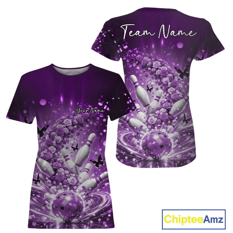 Custom Elegant Purple Roses And Butterfly Women Bowling, Flower Bowling League IPHW10927