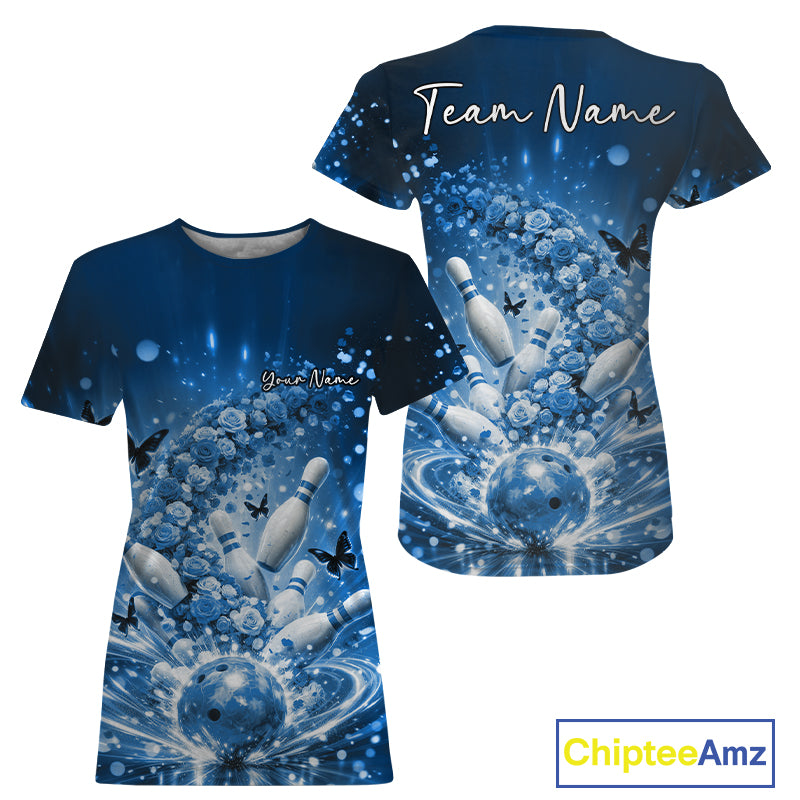 Custom Elegant Blue Roses And Butterfly Women Bowling, Flower Bowling League IPHW10929