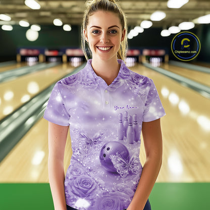 Custom Elegant Purple Roses And Butterfly Women Bowling Polo Shirts, Ladies Outfit IPHW10934