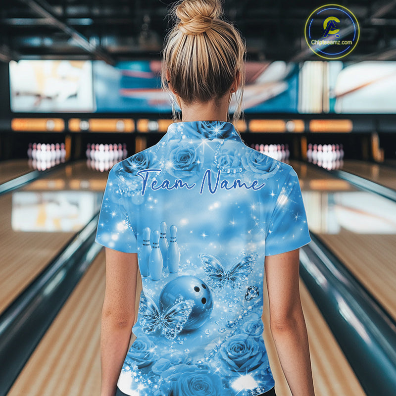 Custom Elegant Blue Roses And Butterfly Women Bowling Polo Shirts, Ladies Outfit IPHW10935