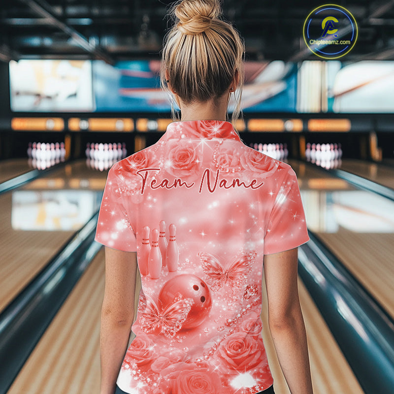 Custom Elegant Red Roses And Butterfly Women Bowling Quarter-Zip Shirts, Ladies Outfit IPHW10936