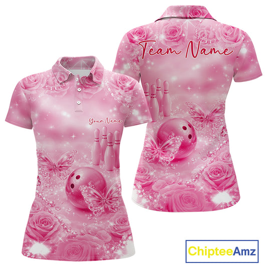 Custom Elegant Pink Roses And Butterfly Women Bowling Polo Shirts, Ladies Outfit IPHW10937