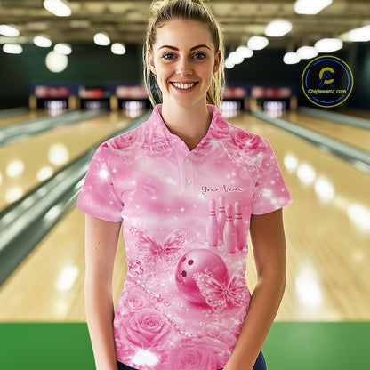 Custom Elegant Pink Roses And Butterfly Women Bowling Polo Shirts, Ladies Outfit IPHW10937