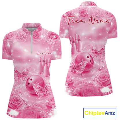 Custom Elegant Pink Roses And Butterfly Women Bowling Quarter-Zip Shirts, Ladies Outfit IPHW10937