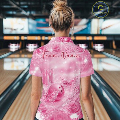 Custom Elegant Pink Roses And Butterfly Women Bowling Quarter-Zip Shirts, Ladies Outfit IPHW10937