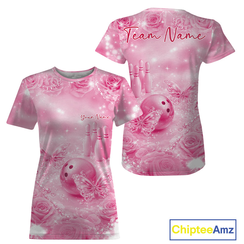 Custom Elegant Pink Roses And Butterfly Women Bowling T-Shirts, Ladies Outfit IPHW10937