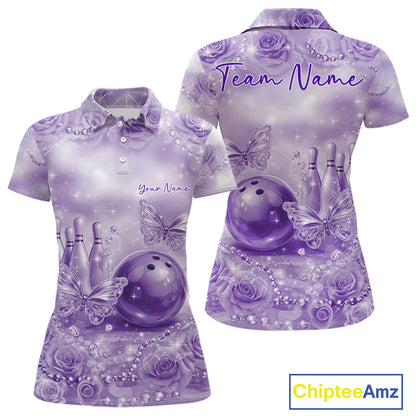 Custom Elegant Purple Roses And Butterfly Women Bowling Polo Shirts, Ladies Outfit IPHW10938