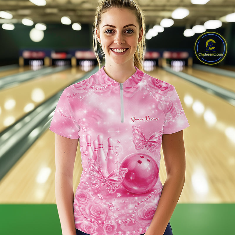 Custom Elegant Pink Roses And Butterfly Women Bowling Quarter-Zip Shirts, Ladies Outfit IPHW10941