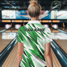 Load image into Gallery viewer, Person wearing a green and white bowling shirt with 'TEAM NAME' text in a bowling alley.