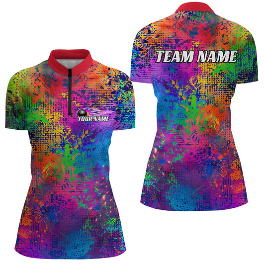 Custom Colorful Bowling Quarter Zip Shirts For Women, Pride Colors Ladies Bowling Shirts IPHW6788