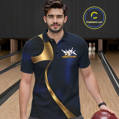 Custom Blue And Gold Men Polo Bowling Team Shirt, Bowling League Shirt IPHW11609