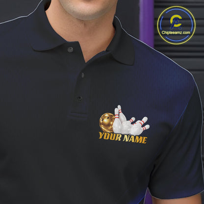 A close-up of a person wearing a dark navy polo shirt with a custom bowling-themed graphic on the chest showing a bowling ball and pins with the text 'YOUR NAME'. A circular 'Chipteamz.