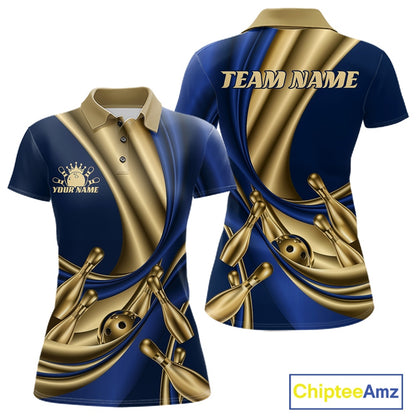 Custom Blue And Gold Curves With Golden Bowling Ball And Pins Women Polo Shirt IPHW11614