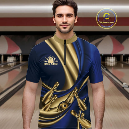 Custom Blue And Gold Curves With Golden Bowling Ball And Pins Men Quarter Zip Shirt IPHW11614