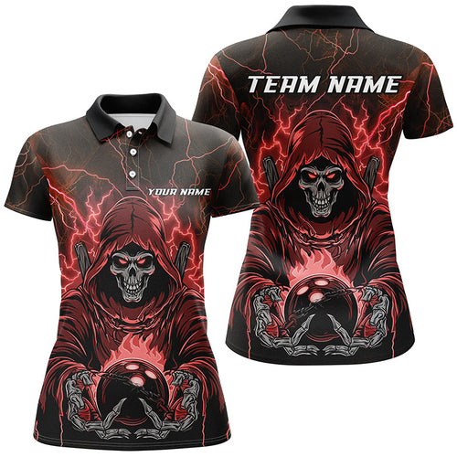 Black And Red Lightning Custom Skull Bowling Shirts For Women, Halloween Bowling Shirts IPHW7090