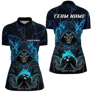 Black And Blue Lightning Custom Skull Bowling Shirts For Women, Halloween Bowling Shirts IPHW7091