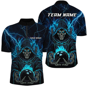 Black And Blue Lightning Custom Skull Bowling Shirts For Men, Halloween Bowling Shirts IPHW7091